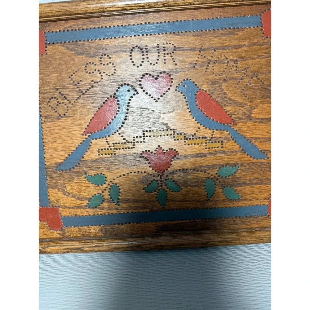 Vintage Folk Art Bless Our Home Wooden Wall Plaque Bird Heart Rustic Decor 14in